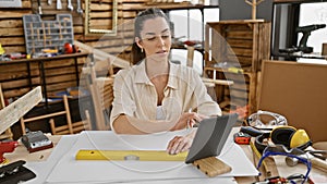 Young beautiful hispanic woman carpenter using touchpad at carpentry