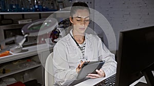 Young beautiful hispanic woman scientist using computer and touchpad at laboratory