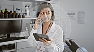 Young beautiful hispanic woman scientist using touchpad talking on smartphone at laboratory