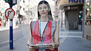 Young beautiful hispanic woman survey interviewer holding clipboard standing with serious expression at street