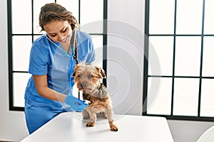 Young beautiful hispanic woman veterinarian examining dog with stethoscope at veterinary clinic