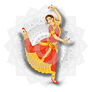 Young beautiful Indian woman dancer performing Bharatnatyam on white mandala pattern.