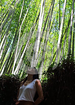 Young beautiful lady posing in front of the camera with Arashiyama bamboo forest on background, Kyoto, Japan