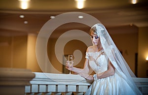 Young beautiful luxurious woman in wedding dress posing in luxurious interior. Bride with huge wedding dress in majestic manor