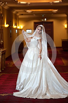 Young beautiful luxurious woman in wedding dress posing in luxurious interior. Gorgeous elegant bride with long veil. Full length