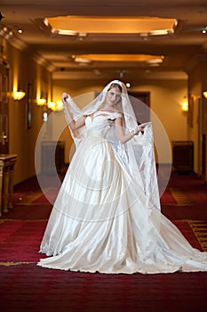 Young beautiful luxurious woman in wedding dress posing in luxurious interior. Gorgeous elegant bride with long veil. Full length