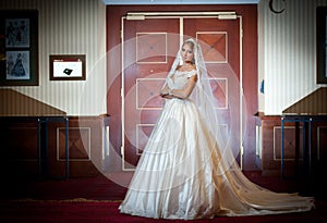 Young beautiful luxurious woman in wedding dress posing in luxurious interior. Gorgeous elegant bride with long veil. Full length