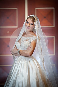 Young beautiful luxurious woman in wedding dress posing in luxurious interior. Gorgeous elegant bride with long veil. Full length