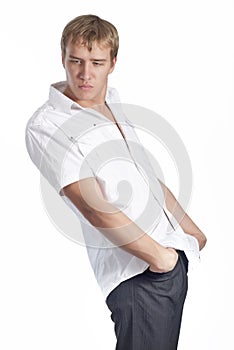 Young beautiful male model in white shirt