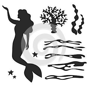 Young beautiful mermaid. Black silhouette. Design element. Vector illustration isolated on white background. Template for books,