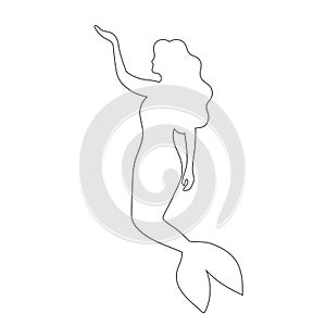 Young beautiful mermaid. Outline silhouette. Design element. Vector illustration isolated on white background. Template for books