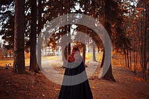 Young beautiful and mysterious woman in woods, in black cloak with hood, image of forest elf or witch, back