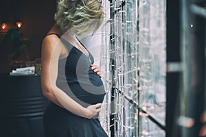 Young beautiful pregnant woman standing near window at loft style home
