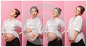 Young beautiful pregnant woman standing on pink background