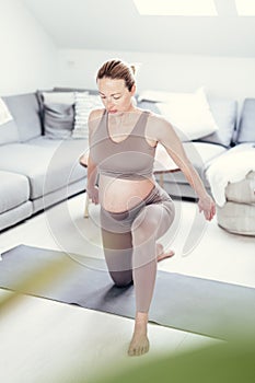 Young beautiful pregnant woman training pilates at home in her living room. Healthy lifestyle and active pregnancy and