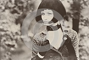 young beautiful pretty woman girl lady model with black bob hair hairdo vintage retro sepia old aged