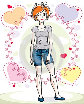 Young beautiful red-haired woman standing on colorful backdrop with romantic hearts and wearing casual clothes. Vector character