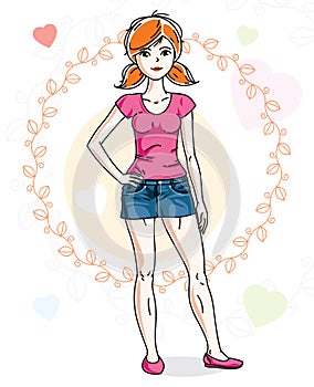 Young beautiful redhead woman adult standing on colorful background with Valentine hearts in modern casual clothes. Vector nice l