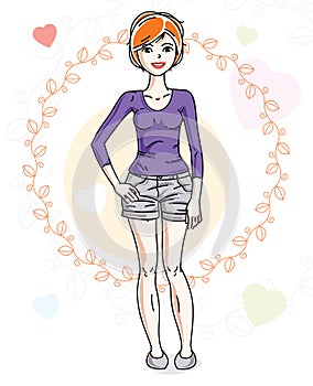 Young beautiful redhead woman adult standing on colorful background with Valentine hearts in modern casual clothes. Vector nice l