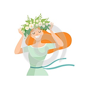 Young Beautiful Redhead Woman with Flower Wreath in Her Hair, Portrait of Elegant Smiling Girl with Floral Wreath Vector