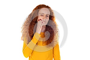 Young beautiful redhead woman wearing casual clothes over white background touching mouth with hand with painful expression