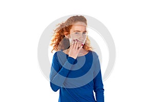 Young beautiful redhead woman wearing casual clothes over white background touching mouth with hand with painful expression