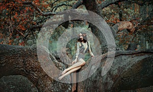 Young beautiful sad woman in the image of the Greek goddess sits on a autumn tree. Creative forest nymph costume, long