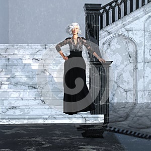 Young beautiful silver-haired woman standing on a black and white marble grand staircase wearing a black and white ballgown