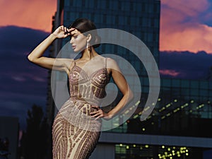 Young beautiful smartly dressed elegant woman with makeup and hairstyle in expressive evening sparkling dress