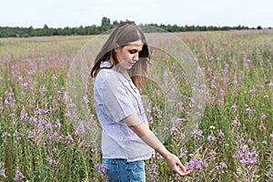 Young beautiful smiling blond woman in purple shirt walking in meadow among flowers of fireweed and touching flower