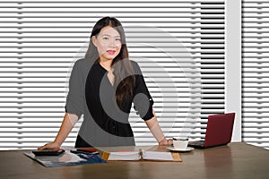Young beautiful and successful Asian Korean business woman working confident at modern office computer desk in female businesswoma