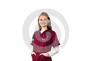 Young beautiful successful female doctor in medical uniform with stetoscope isolated on white background