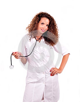 Young beautiful successful female doctor with stethoscope