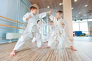 Young, beautiful, successful multi ethical kids in karate position