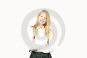Young beautiful teenager model girl posing over white isolated background showing emotional facial expressions.