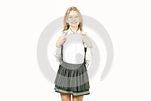 Young beautiful teenager model girl posing over white isolated background showing emotional facial expressions.
