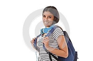 Young beautiful and trendy latin student girl carrying backpack smiling happy and confident