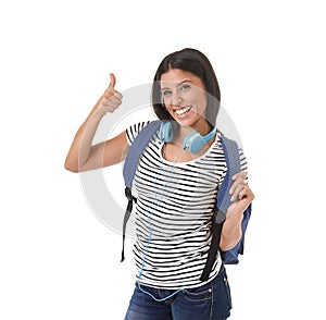 Young beautiful and trendy latin student girl carrying backpack smiling happy and confident photo