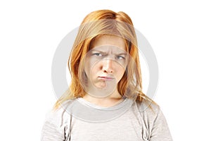 Young beautiful woman, attractive natural redhead, showing emotions, facial expressions, posing on isolated background.