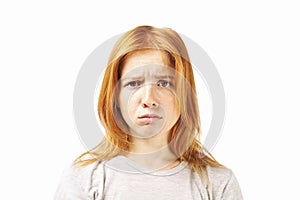 Young beautiful woman, attractive natural redhead, showing emotions, facial expressions, posing on isolated background.