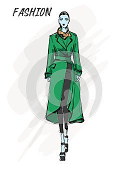 Young beautiful woman in autumn clothes. Sale concept. Hand-drawn fashion illustration