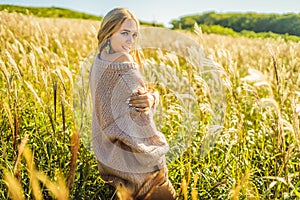 Young beautiful woman in autumn landscape with dry flowers, wheat spikes. Fashion autumn, winter. Sunny autumn, Cozy