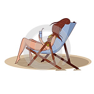 Young beautiful woman in from the back on a deck chair sits resting with a glass of water. vector illustration isolated