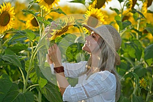 Young beautiful woman on blooming sunflower field in summer