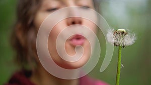 Young beautiful woman blowing on a ripe dandelion whose seeds are flying around.