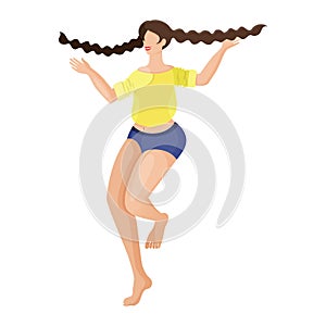 Young beautiful woman with braids in denim shorts whirls in dance