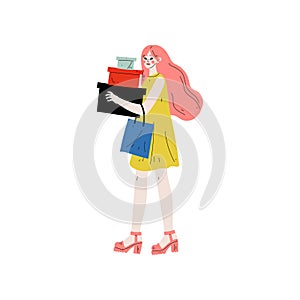 Young Beautiful Woman Carrying Boxes and Shopping Bags, Seasonal Sale at Store, Mall, Shop Vector Illustration