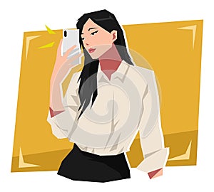 young beautiful woman character posing taking selfie. holding and using a smartphone camera. cartoon vector illustration.