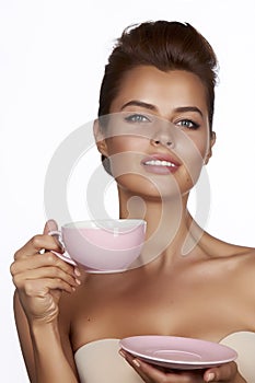 Young beautiful woman with dark hair picked up holding a ceramic cup and saucer pale pink drink tea or coffee on a white back