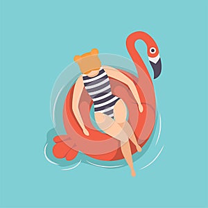 Young beautiful woman floating on inflatable ring in the shape of flamingo in swimming pool, top view vector